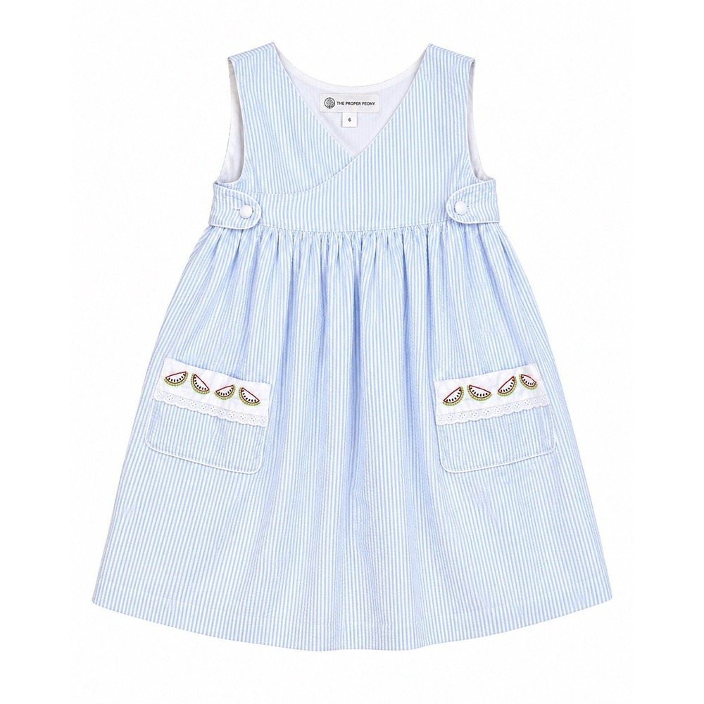 The Proper Peony Dress Girls 6 Blue Seersucker Americana Watermelon Preppy